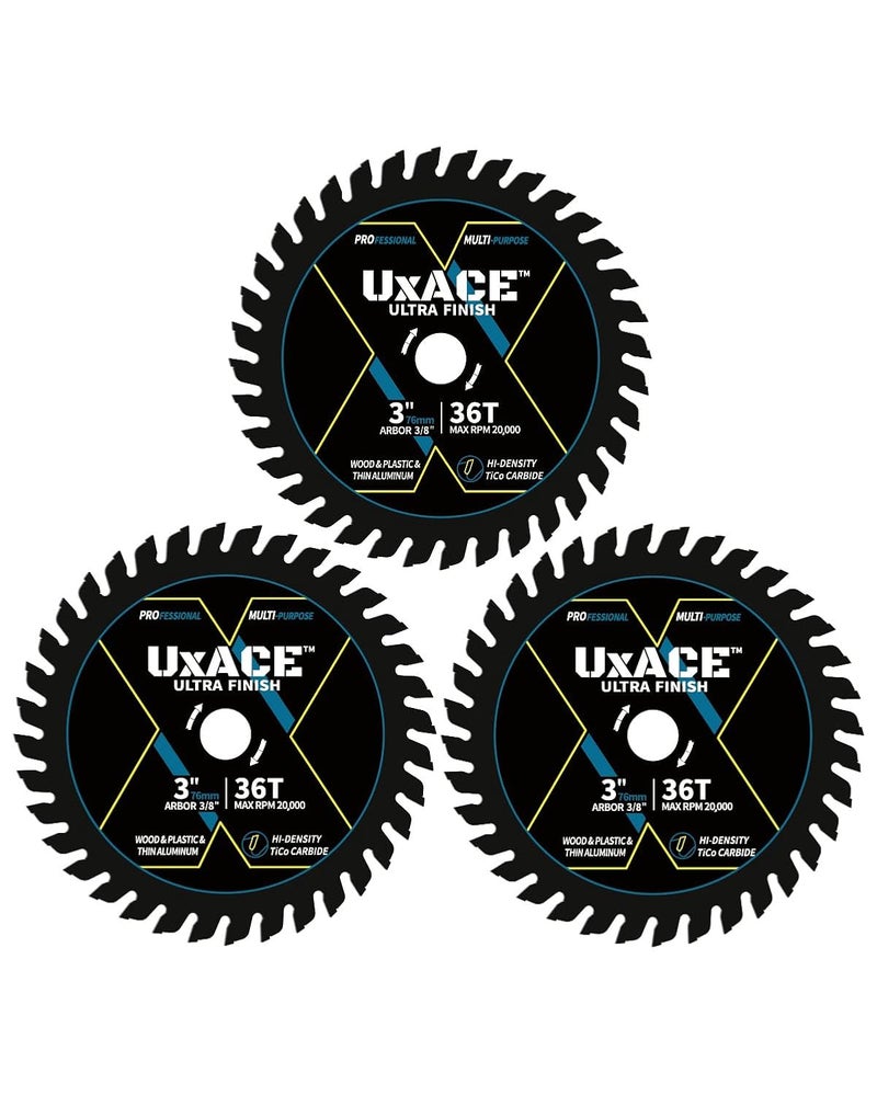 UXACE 3-Inch 36-Tooth Circular Saw Blade with 3/8-Inch Arbor, Ultra Finish General Purpose Cutting, Carbide Tip, Thin Kerf, for Plywood, MDF, OSB, Laminated, Plastic, Thin Aluminum, 3 Pack - Image 1